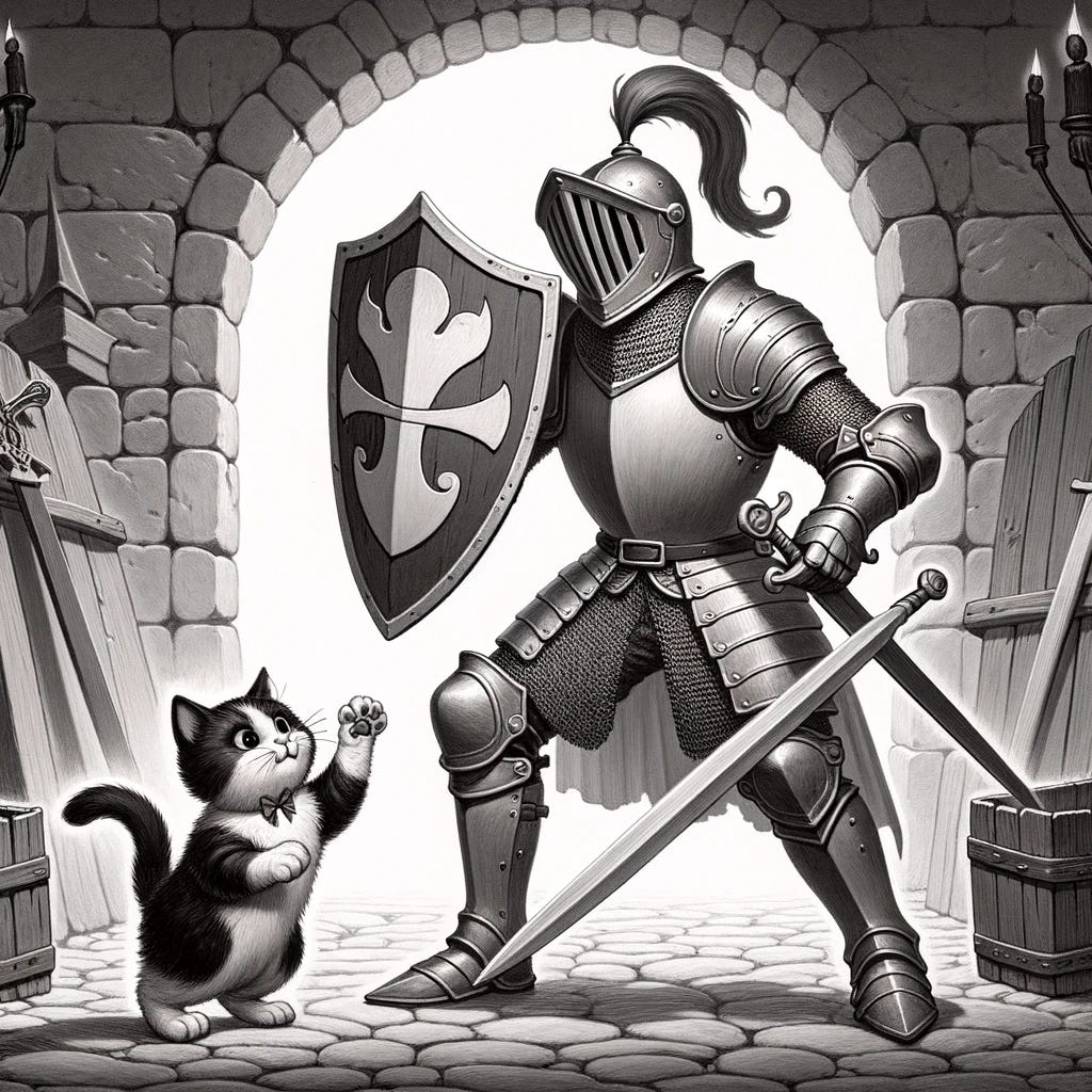 Illustration of a monochrome scene where a knight humorously confronts a 'dangerous' kitten, raising his shield in exaggerated caution.