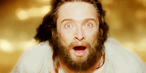 Movie gif. Hugh Jackman as Tomas in The Fountain looking up, awestruck with wide eyes, as wind blows his long hair. Movie gif. Hugh Jackman as Tomas in The Fountain looking up, awestruck with wide eyes, as wind blows his long hair.
