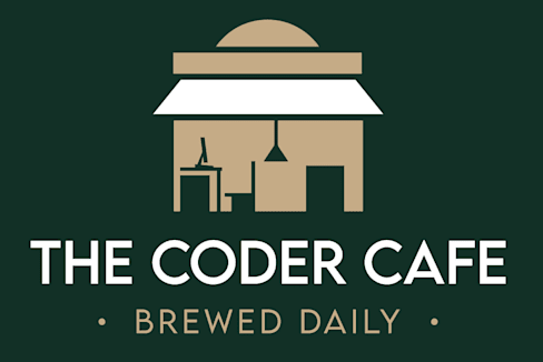 Dark green rectangular logo with a beige illustration of a café storefront, including a table, chair, and hanging lamp. Text below reads “THE CODER CAFE • BREWED DAILY •.”