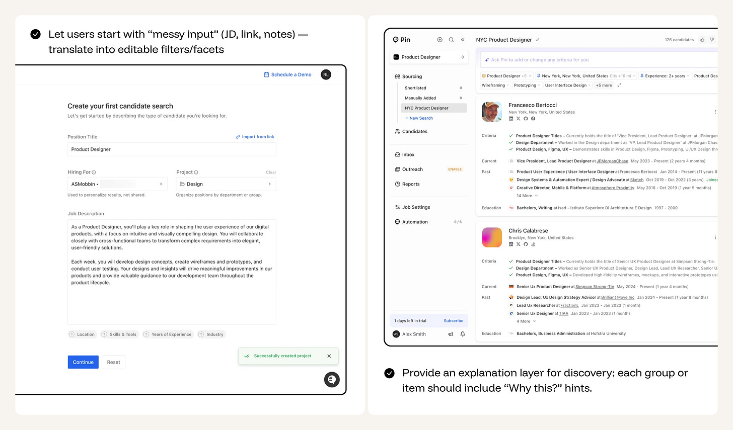 Pin recruitment platform showing AI-assisted candidate search with editable filters and ranked results.