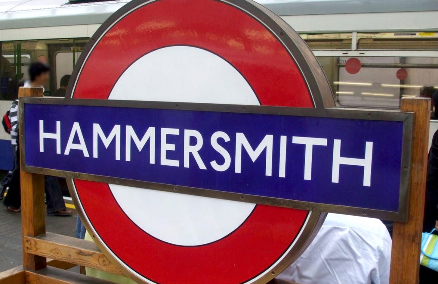 The Hammersmith station sign in London
