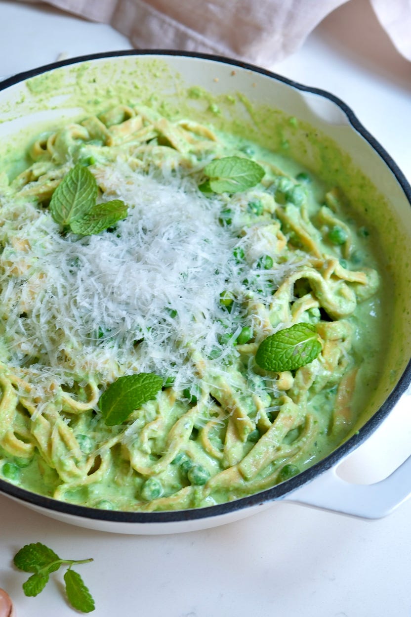 High-Protein Chickpea Pasta with Green Pea Ricotta Sauce