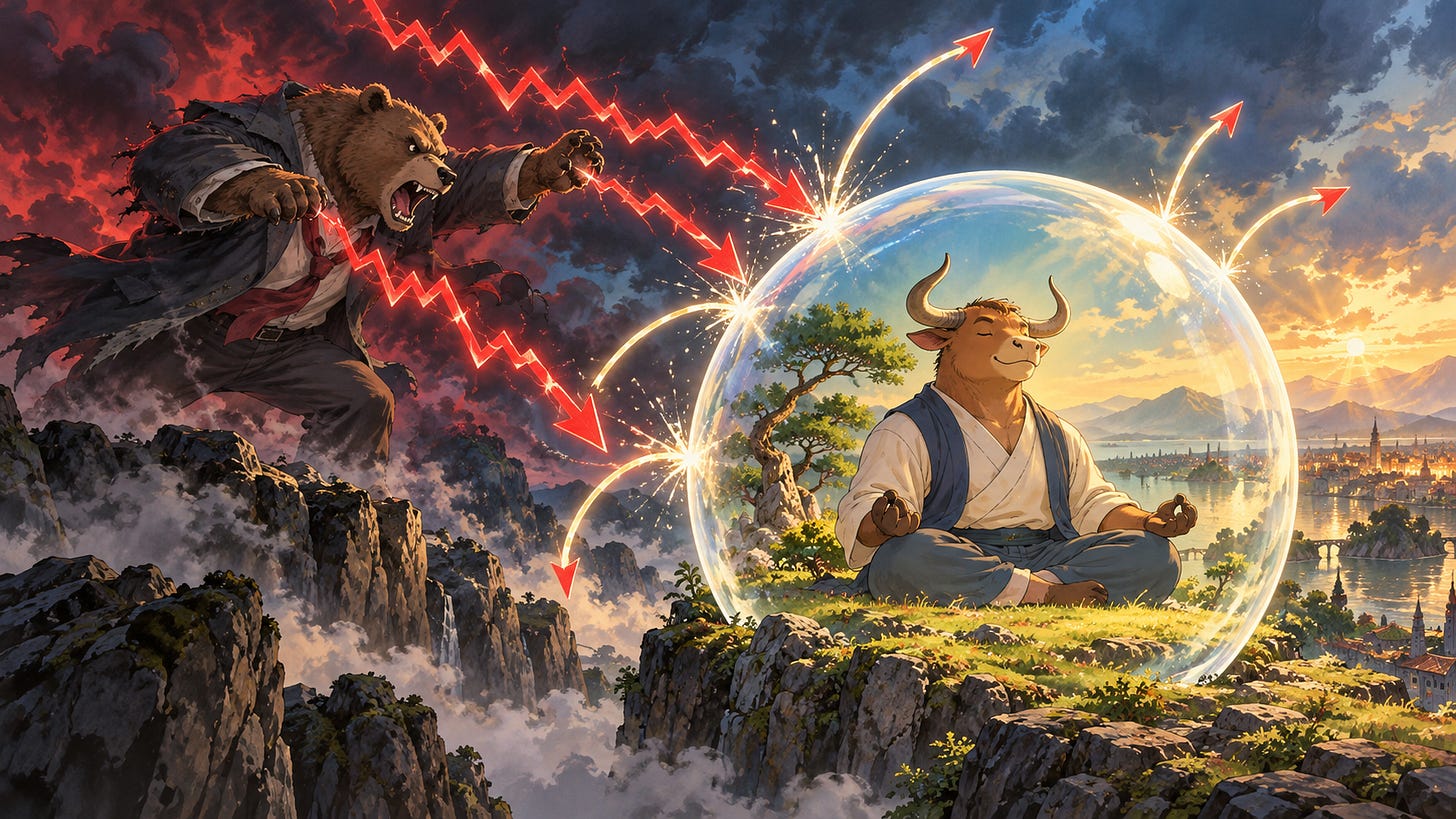 An anthropomorphic bull meditates calmly inside a protective bubble while an anthropomorphic bear hurls red lightning bolts shaped like falling stock charts. The bolts bounce off the bubble.