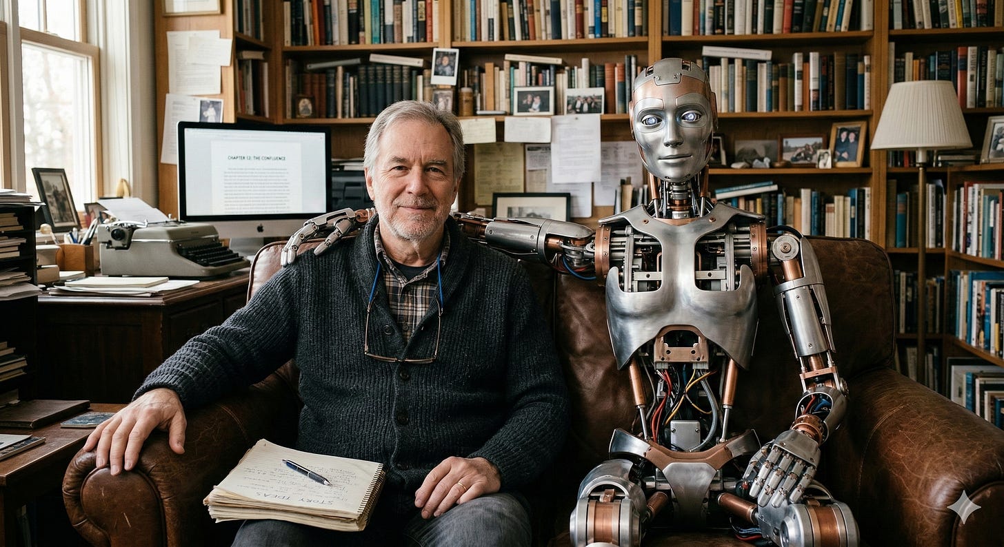 a robot with his arm around a mature human writer in an office (reframe AI for writers)
