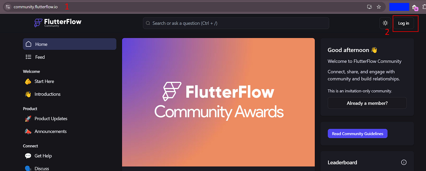 Screenshot of the FlutterFlow Community homepage in Chrome, with two red annotations: 1 highlights the URL "community.flutterflow.io" in the address bar, and 2 highlights the "Log in" button in the top-right corner of the page. The homepage displays a "FlutterFlow Community Awards" banner, navigation links including Home, Feed, Product Updates, and Get Help, and a welcome panel noting this is an invitation-only community. A user profile icon in the toolbar is redacted with a blue box for privacy.