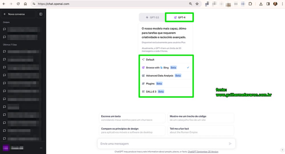 Figura 3 tela de inicio do chatgpt4 contendo todas suas funcionalidades