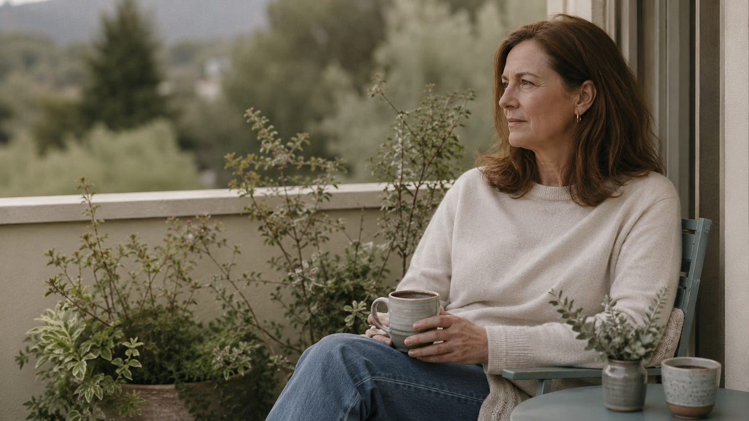 Woman sitting quietly on a garden bench during a simple pause, suggesting rest as a small act of self-care.