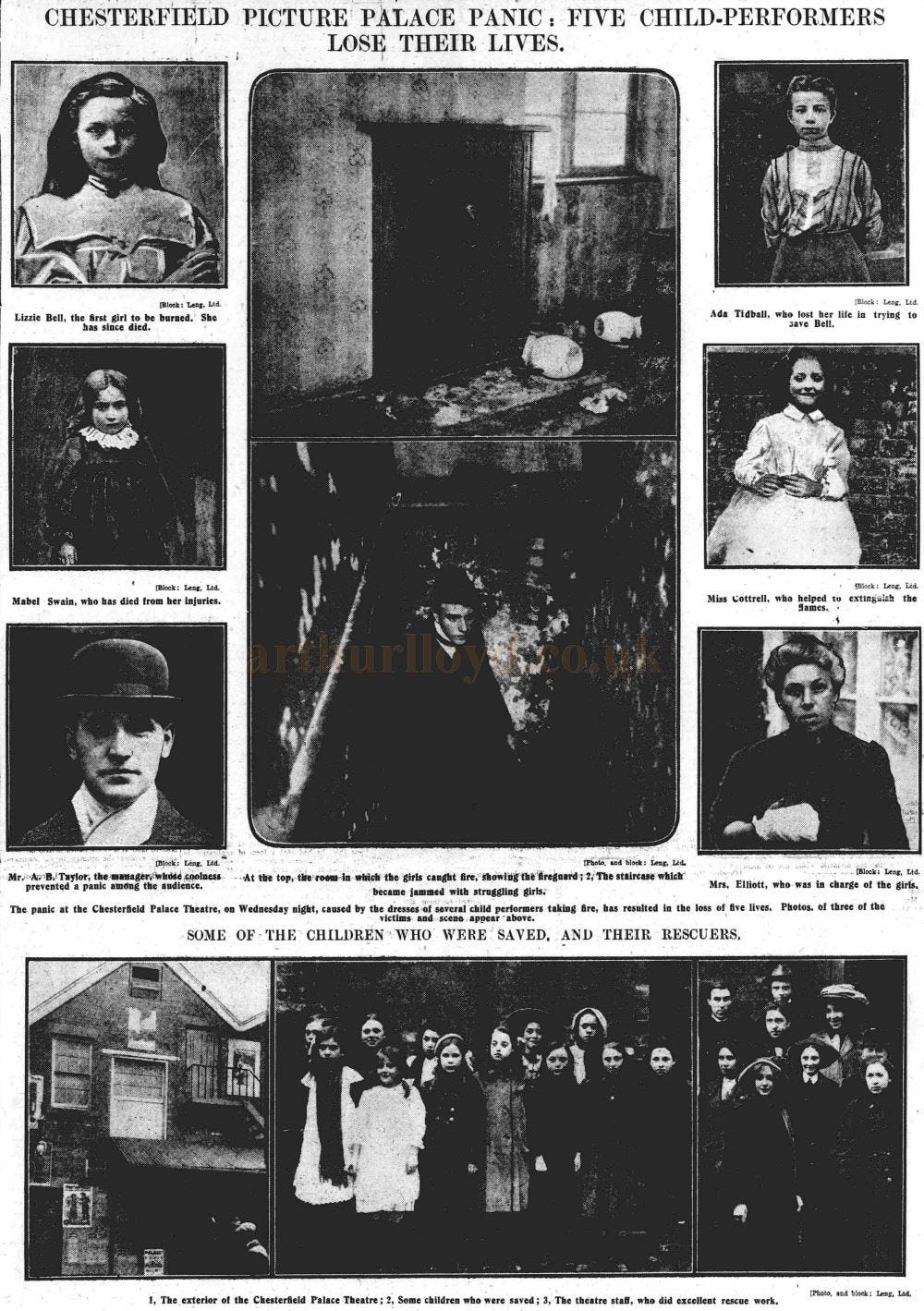 A newspaper cutting from 1911 of the five girls who died in a fire at The Palace Theatre, Chesterfield in 1911