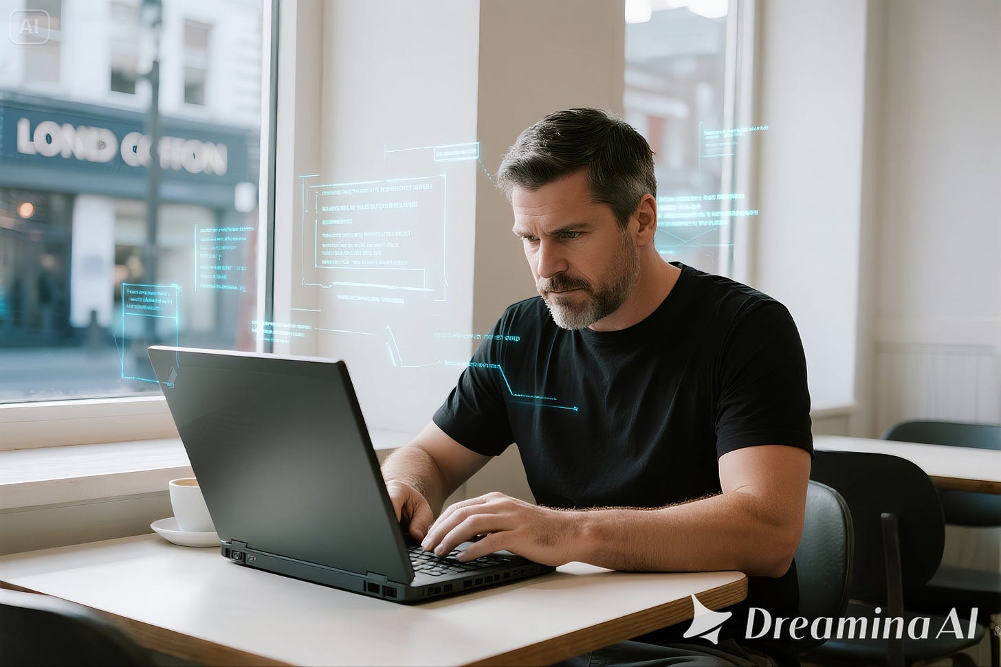 In a modern coffee shop, a middle-aged White British man with short dark hair and a light beard with a few grey hairs, wearing a black t-shirt, sits at a table typing on a laptop. His expression is intense and focused. Around him in the air float words, phrases, and diagrams, in a hazy glowing pale blue SFX style. The coffee shop is in London, with plain white walls and a large window showing the street outside.