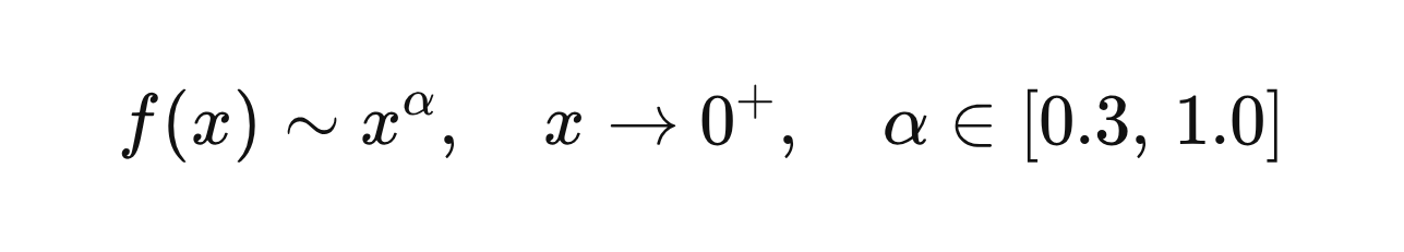f(x) \sim x^{\alpha}, \quad x \to 0^+, \quad \alpha \in [0.3, \, 1.0]