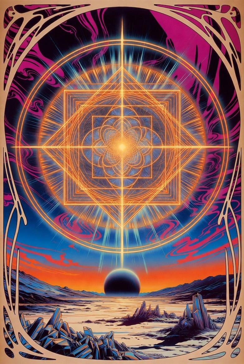 A psychedelic concert poster featuring a luminous geometric mandala emerging from an alien landscape, in the style of the Avalon Ballroom. A psychedelic concert poster featuring a luminous geometric mandala emerging from an alien landscape, in the style of the Avalon Ballroom.