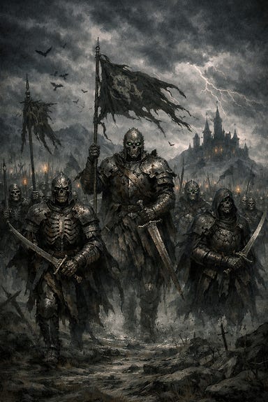 Undead army marching across Barovia under storm clouds, skeletal soldiers and wights in Gothic style