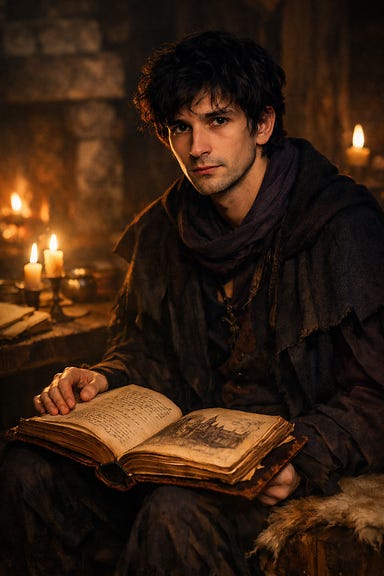 Felonious, a slender, fine‑boned scholar with large dark expressive eyes and tousled ink‑dark hair, seated in the firelit Soldav longhouse with the Tome of Strahd open on his lap; candlelit gold and shadowed violet tones, worn leather and old parchment textures, atmosphere of haunted intelligence and quiet intensity; entirely original face, not resembling any real person