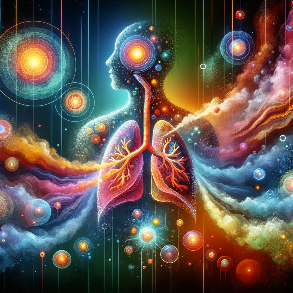 An abstract artistic depiction of the effects of Trikafta, a cystic fibrosis medication. The composition is centered around vibrant, glowing orbs that convey a sense of rejuvenation and vitality. These orbs are set against a dynamic backdrop that transitions from dark, subdued tones to bright, lively hues, representing a shift towards improved health. The artwork subtly incorporates elements resembling healthy lungs and clear airways, blending these motifs into the surrounding abstract design.