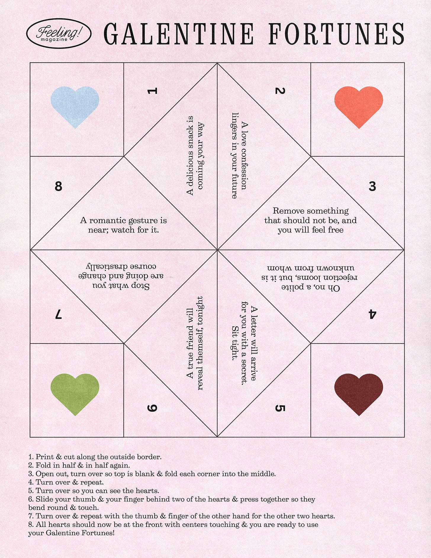 A Galentine's Fortunes paper fortune teller that can be printed out and folded into shape