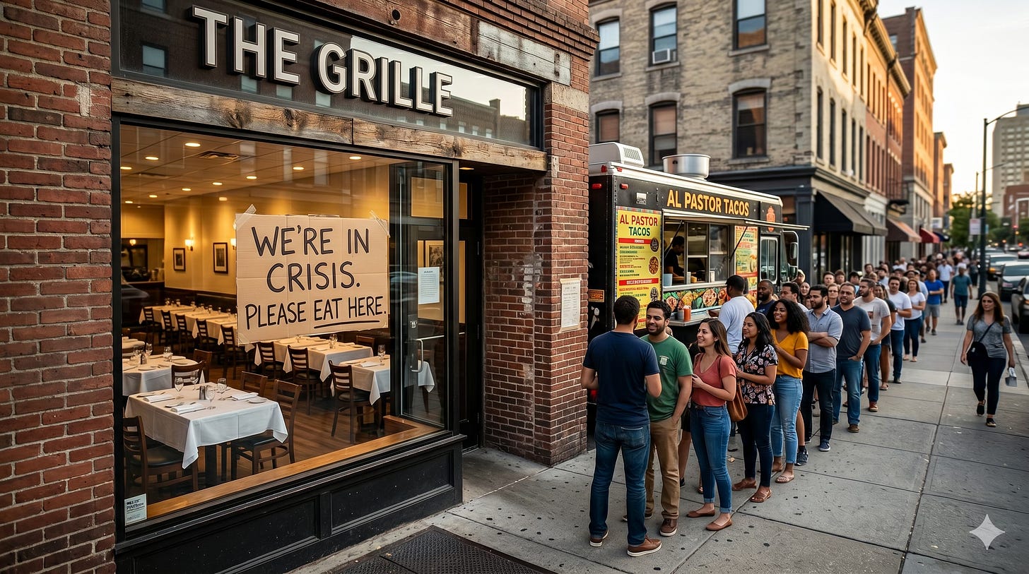 An empty restaurant with a cardboard sign reading "We're in crisis. Please eat here." taped to the window. Next door, a long line of customers stretches down the sidewalk for a taco truck. Nobody is looking at the restaurant. (AI-generated image)