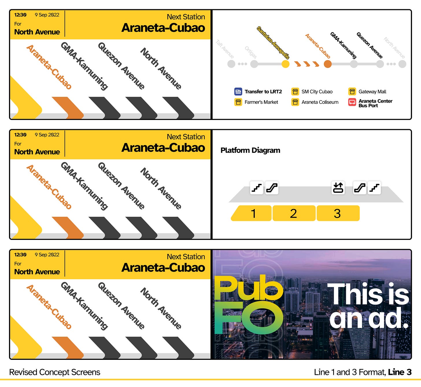 A three-image mockup of the redesign concept screens with the Line 1 and Line 3 format. It shows the large progress map, small progress map and points of interest, platform diagram, and the ad screen in pairs