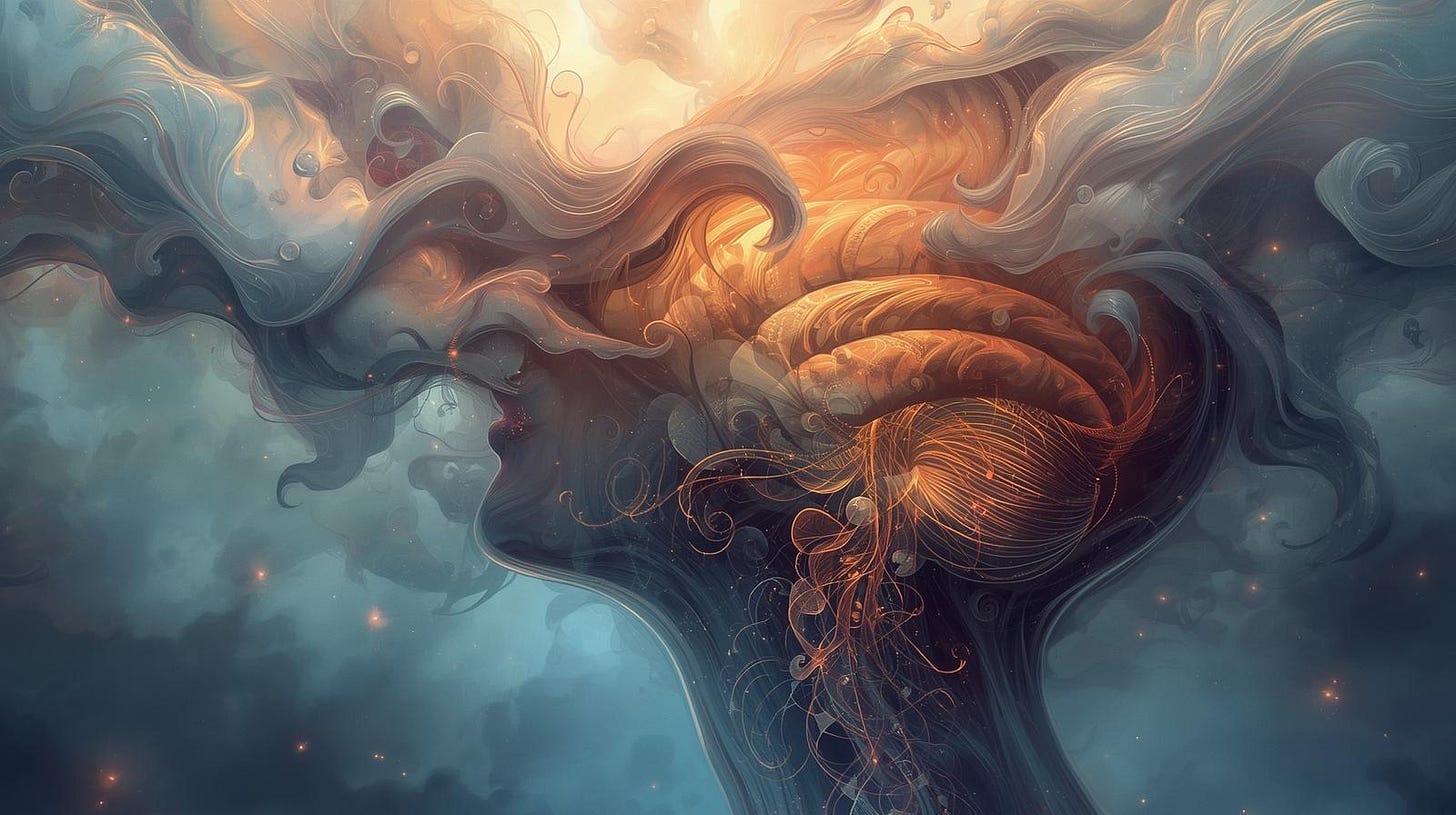 Human silhouette dissolving into light to symbolize self-awareness and growth