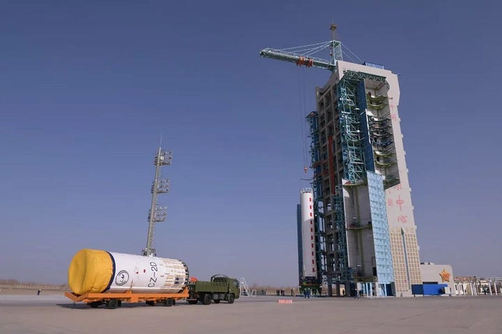 The second-stage and fairing for the Long March 2D Y78 vehicle heading to the launch pad.