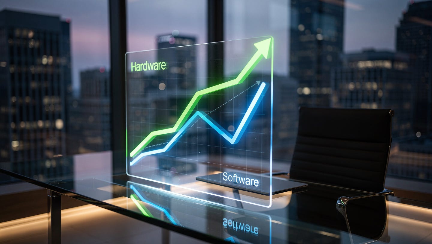 A high-end, cinematic wide shot of a futuristic glass desk in a skyscraper office at twilight. On a sleek holographic display, two glowing lines diverge sharply: a bright neon green line (representing Hardware) shooting upwards, and a deep blue line (representing Software) dipping into a valley. In the background, a blurred cityscape. The lighting is professional, moody, and sophisticated. 8k resolution, photorealistic, financial aesthetic, sharp focus. A high-end, cinematic wide shot of a futuristic glass desk in a skyscraper office at twilight. On a sleek holographic display, two glowing lines diverge sharply: a bright neon green line (representing Hardware) shooting upwards, and a deep blue line (representing Software) dipping into a valley. In the background, a blurred cityscape. The lighting is professional, moody, and sophisticated. 8k resolution, photorealistic, financial aesthetic, sharp focus.