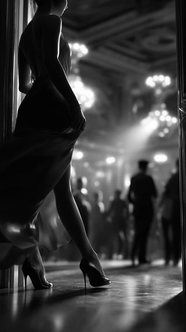 Mujer misteriosa entrando en un evento siendo observada Mujer misteriosa entrando en un evento siendo observada