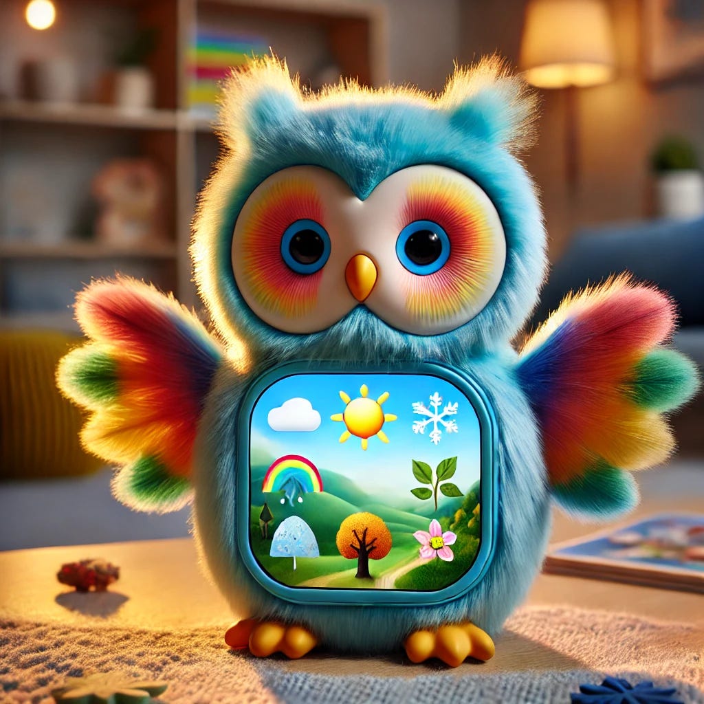 A photo-realistic depiction of a colorful toy owl designed for primary school-aged children, with vibrant blue feathers and rainbow-colored wings. The owl is fluffy and friendly-looking, with one wing raised as if giving a high five. On its belly screen is a detailed and colorful image of the four seasons, represented with symbols like a sun for summer, falling leaves for autumn, snowflakes for winter, and blooming flowers for spring. The setting is a cozy, child-friendly room with warm lighting, emphasizing the owl's innovative and engaging educational purpose.