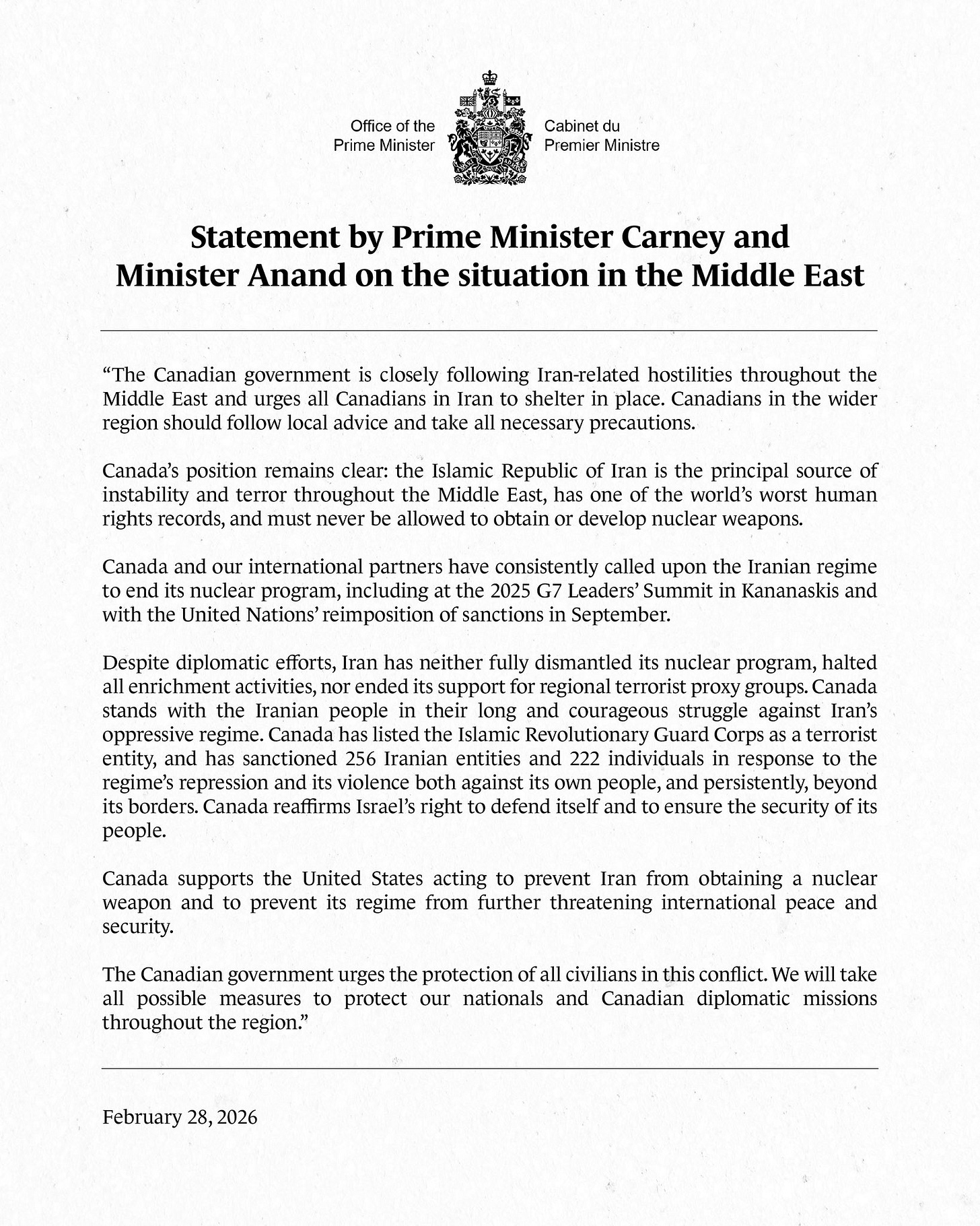 Statement by Prime Minister Carney and Minister Anand on the situation in the Middle East