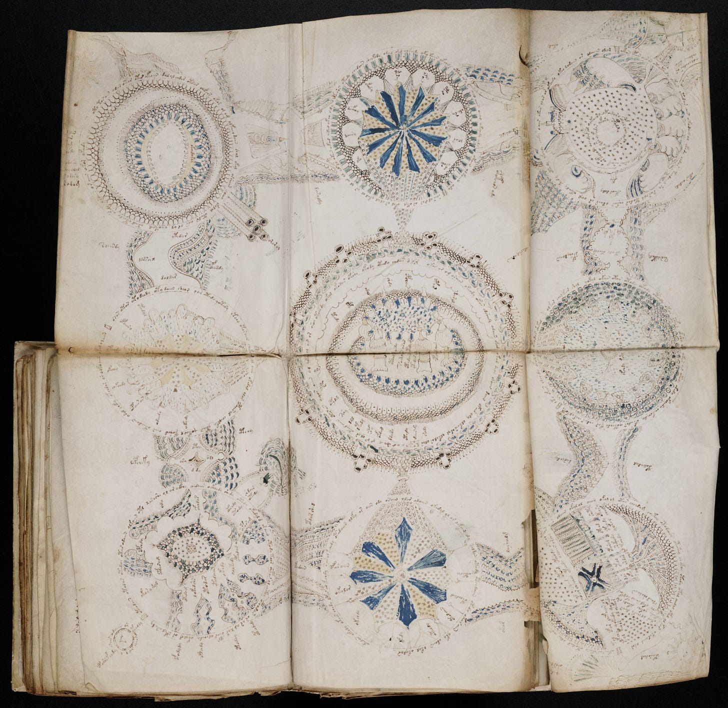 A manuscript page with circular, intricate diagrams, some colored blue and brown, and surrounded by handwritten annotations.