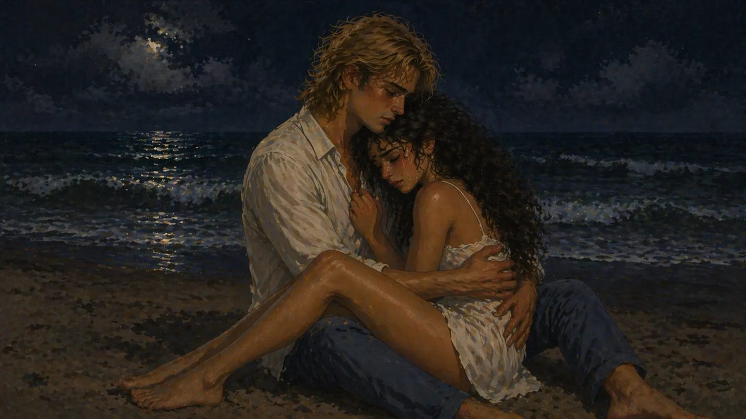 Young man holds a young Mexican American woman close on a beach at night as she leans into him, crying, with moonlight reflecting on the ocean behind them.