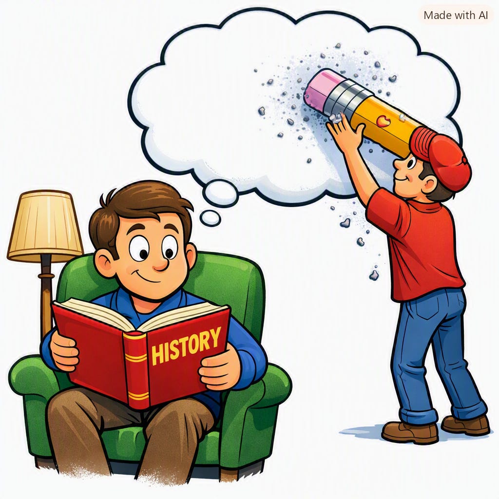 They erase the truth and rewrite history … AI-generated cartoon image of man reading a history book while his thoughts are erased and rewritten