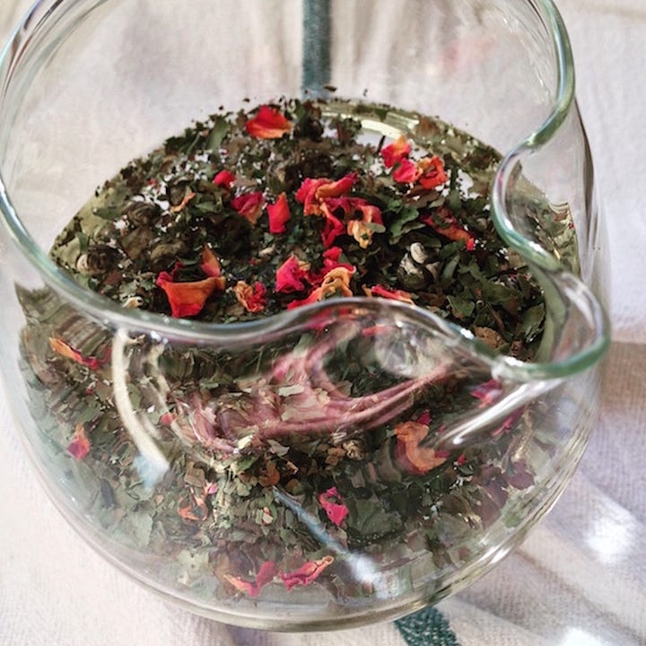 cold brew tea of white tea, jasmine and rosebuds 