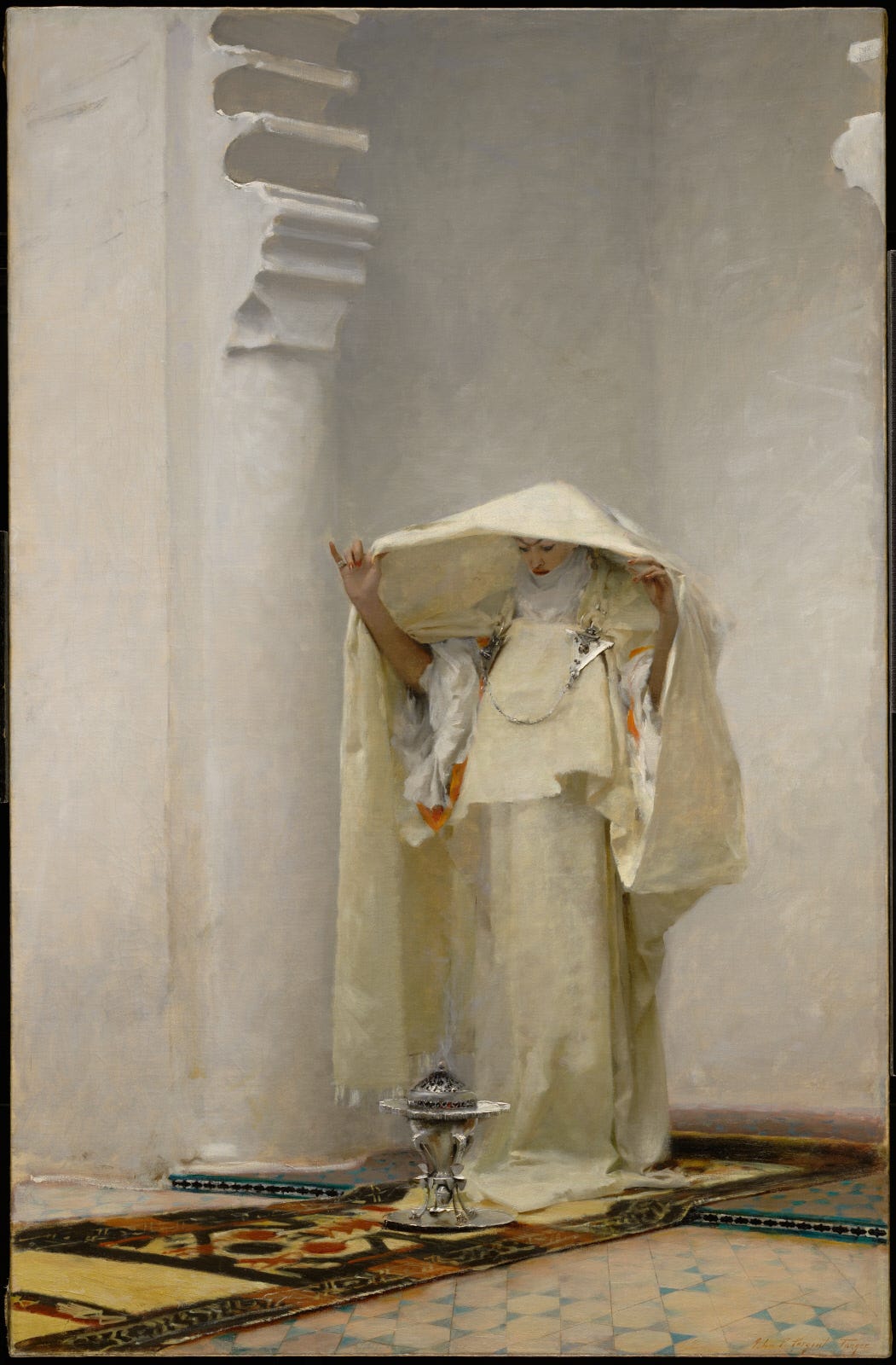 A veiled woman in white lifting a white cloth like a canopy over a silver incense burner, under a white arch with a carved bracket A veiled woman in white lifting a white cloth like a canopy over a silver incense burner, under a white arch with a carved bracket