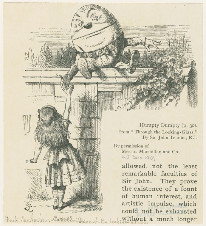 image from alice in wonderland, of humpty dumpty on the wall with alice reaching up to him