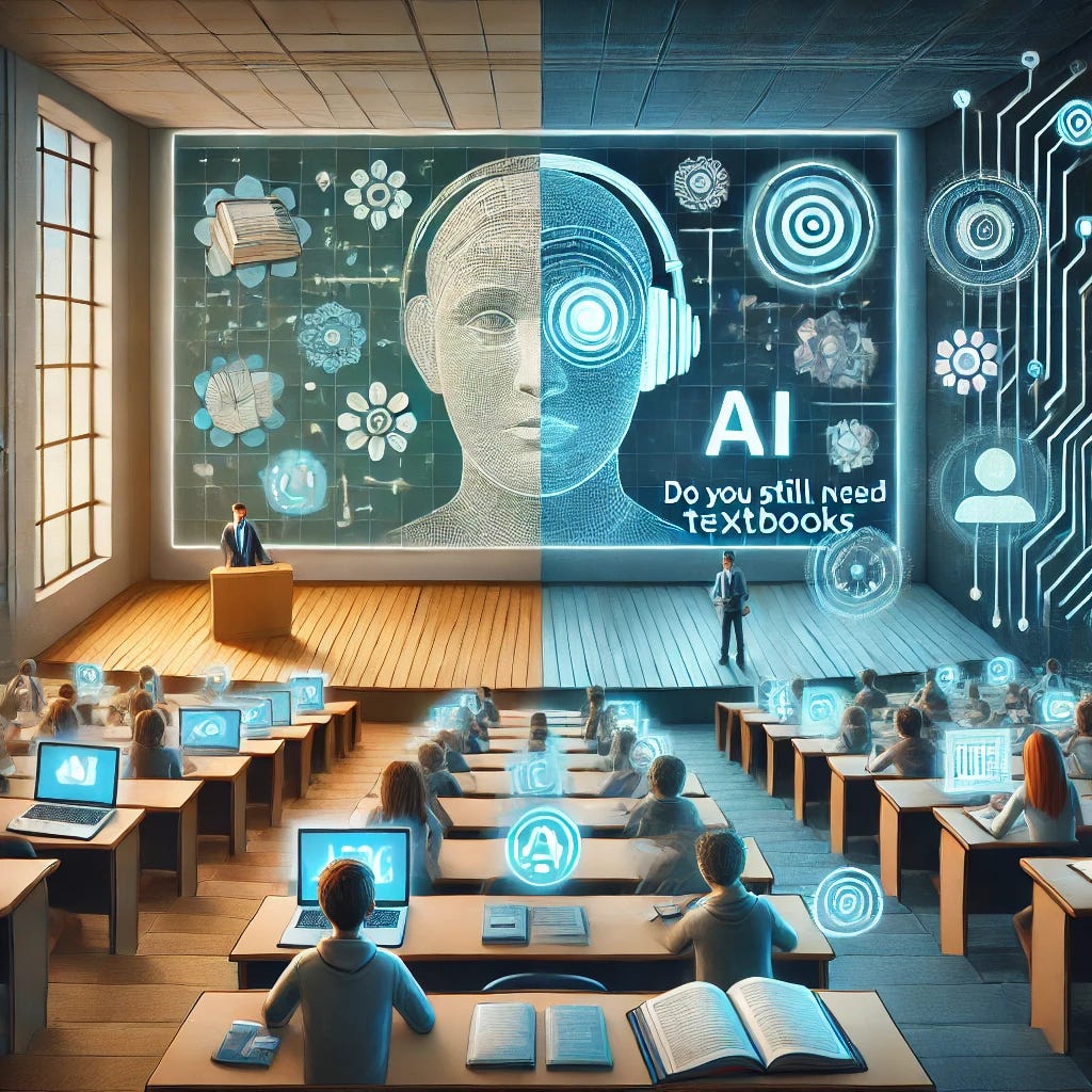 A visually striking digital illustration to promote a blog about the future of education in the age of AI, showing a college lecture hall merging into a futuristic digital interface. On one side, rows of traditional textbooks and a professor at a podium, and on the other, glowing AI icons, holographic displays, and a student using AI tools like ChatGPT. The scene captures the contrast between traditional education and AI-driven learning. Text overlay: 'The Changing Face of Education: Do We Still Need Textbooks?'. Clean, modern, and engaging style.