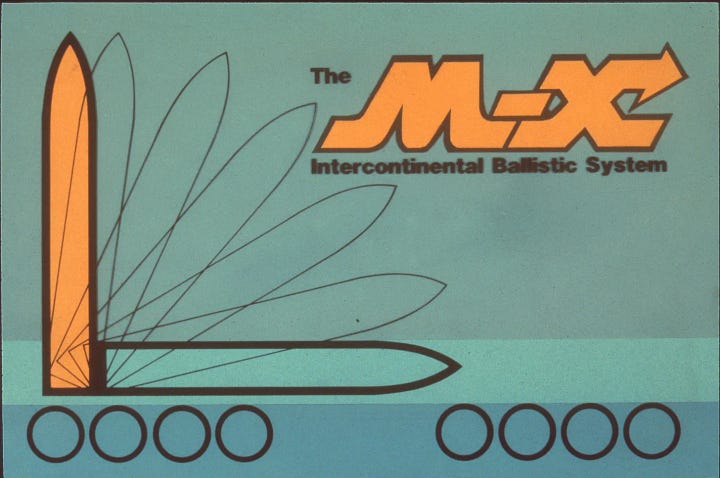 A box labeled “MX MISSILE” holds numerous watercolor illustrations of a southwestern desert landscape beneath smoldering purple sky, the terrain punctuated by ICBM storage bunkers. If you can ignore the fact that each of these bumps contains radioactive death, they look like paintings from a doctor’s waiting room or a beach rental. The MX, later known as the Peacekeeper, was an ICBM designed to simultaneously rain down on its target—Russia—ten separate nuclear warheads over ten times as powerful as the one that destroyed Nagasaki.