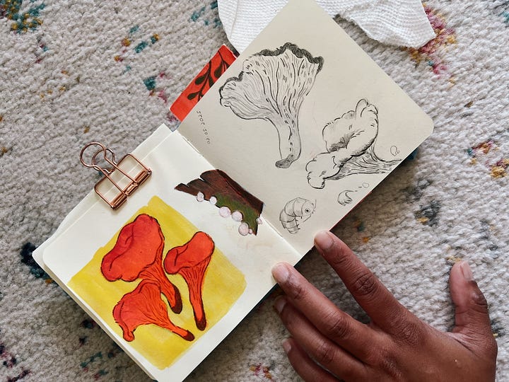 drawings of fish and msuhrooms