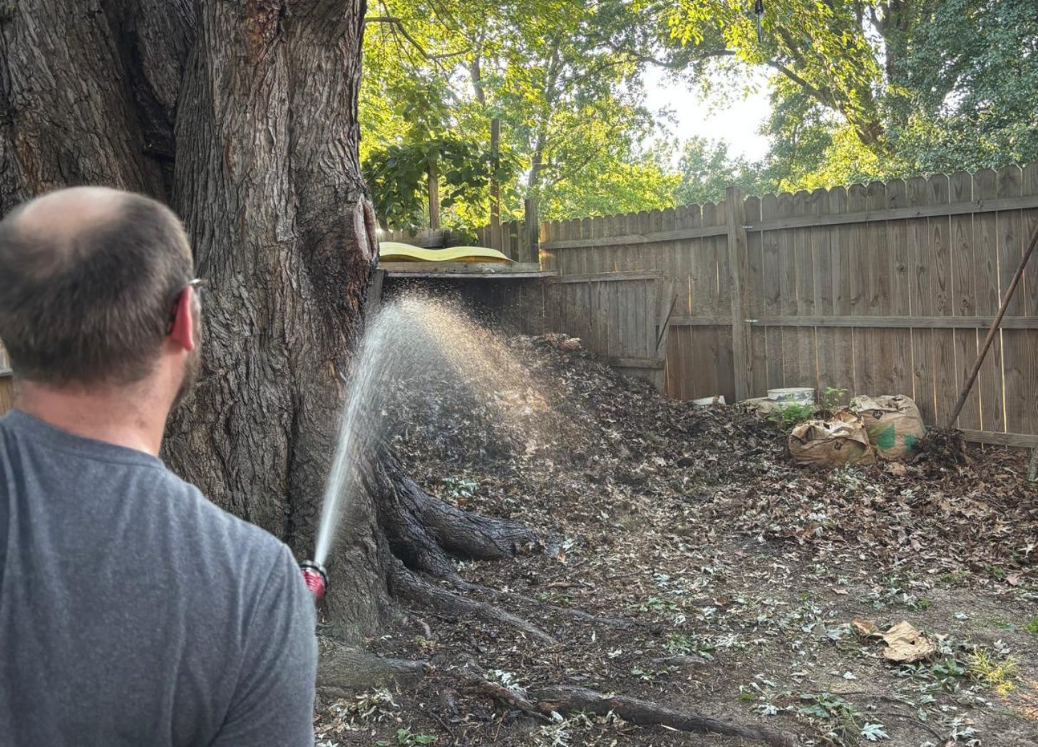 Eric blasting the compost with water hose