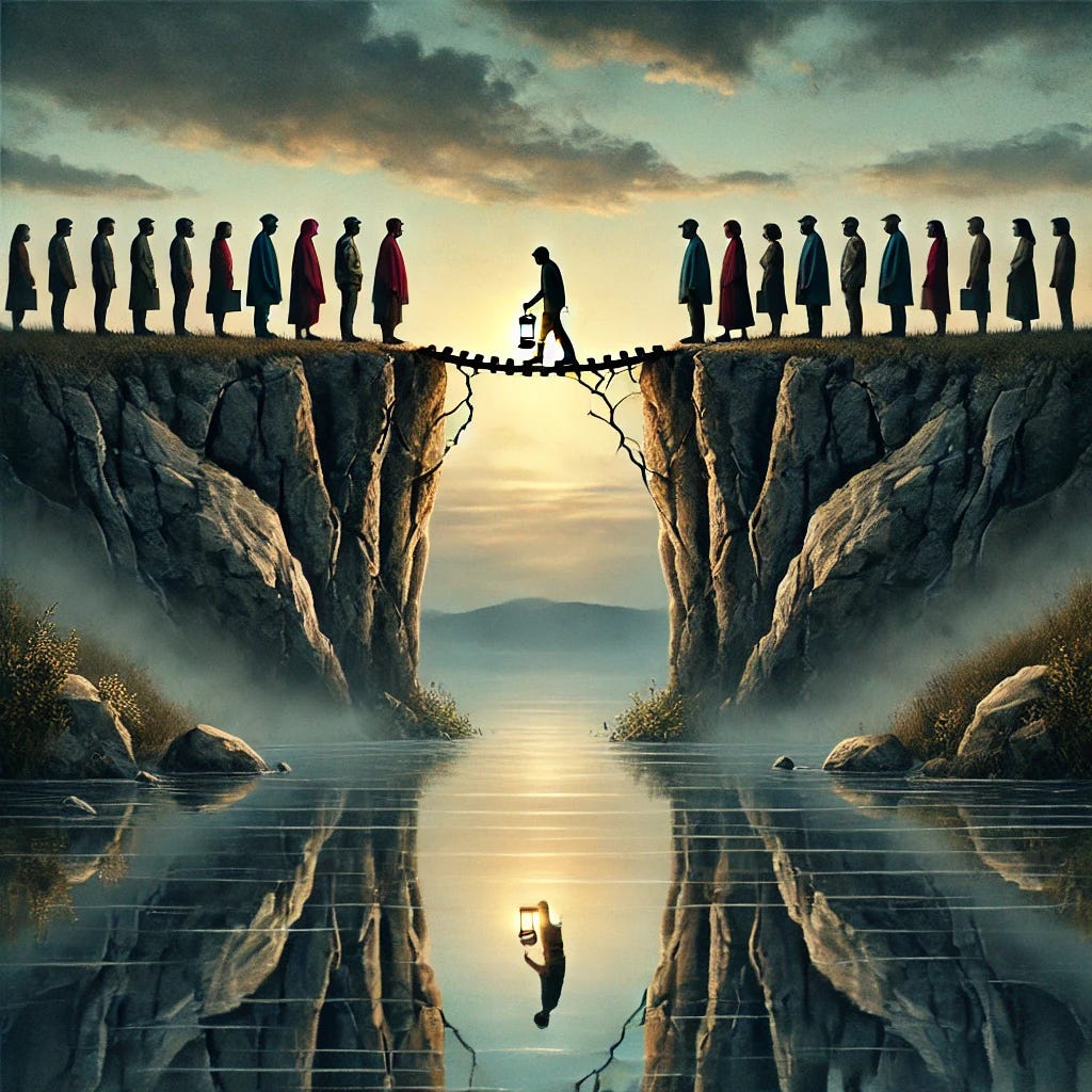 A symbolic representation of division, self-reflection, and hope for connection. The image shows a cracked bridge spanning two opposing cliffs. On one side, people stand rigidly in groups, looking away from each other, wearing contrasting colors to signify division. On the other side, a person is crossing the damaged bridge, holding a lantern that symbolizes curiosity, open-mindedness, and hope. The landscape is slightly somber but with a hint of dawn light on the horizon, suggesting renewal and possibility. Reflections of the bridge and the person appear faintly in water below, symbolizing self-awareness and introspection. The atmosphere is contemplative and thought-provoking.