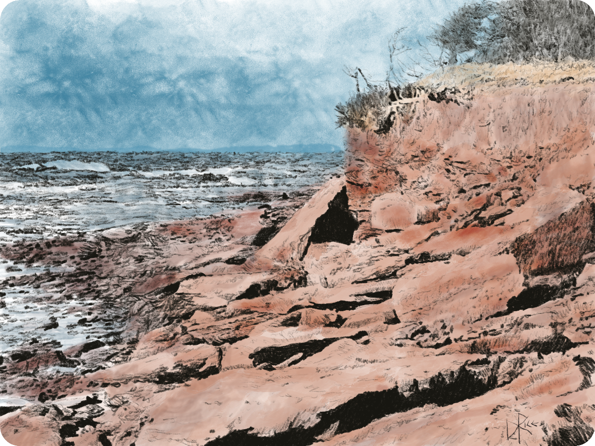 Rocky shoreline of Prince Edward Island. A distant storm is slowly rolling in. Sketch art by Don Rice.