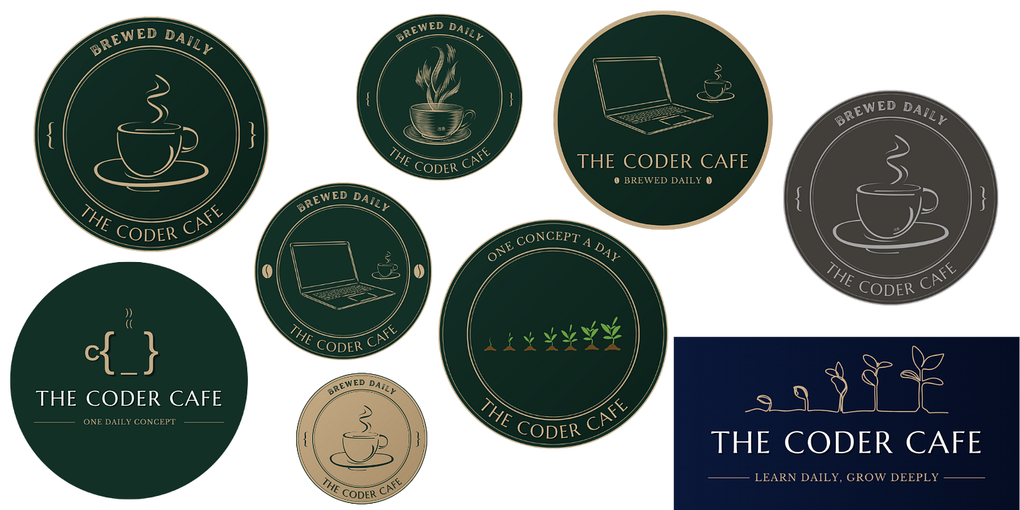 Several draft logo variations for “The Coder Cafe,” featuring coffee cups, laptops, and code-inspired symbols in round badge designs.