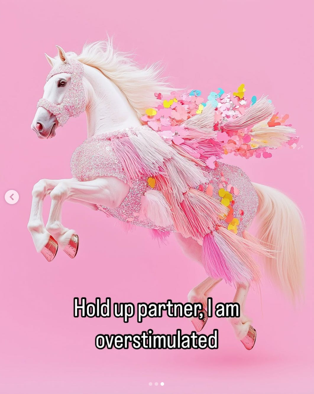 A white horse dressed in bubble-gum pink dress and wings, on a bubble-gum pink backdrop, posed on its hind legs, with the text, "hold on partner, I'm overstimulated"