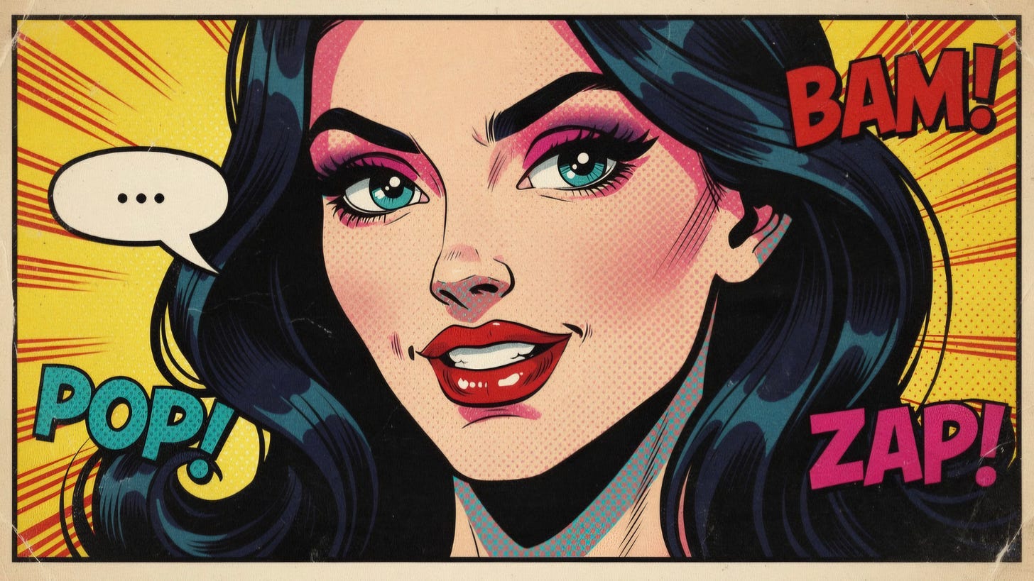 Popart-illustratie van een vrouw met donker haar met de woorden BAM!, POP! en ZAP! tegen een gele achtergrond.