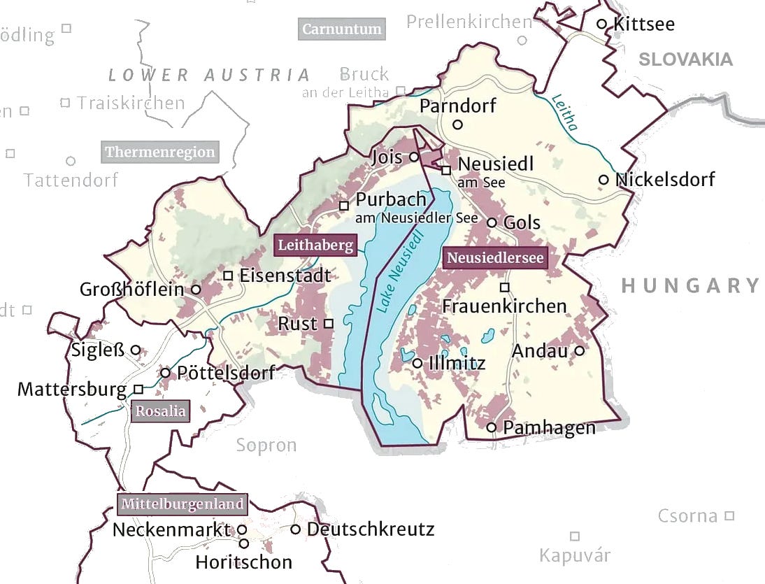 Northern Burgenland, showing the main winegrowing areas Leithaberg and Neusiedlersee. Adapted from Austrian Wine Marketing maps. Northern Burgenland, showing the main winegrowing areas Leithaberg and Neusiedlersee. Adapted from Austrian Wine Marketing maps.