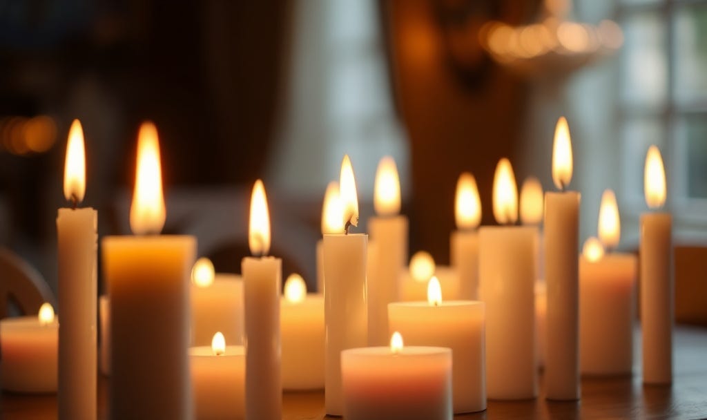 A warm, intimate arrangement of numerous lit white and cream candles of varying heights on a wooden surface, their soft flames glowing in a cozy indoor setting with blurred bokeh lights in the background, evoking peace, reflection, and gentle holiday ambiance on Christmas night.
