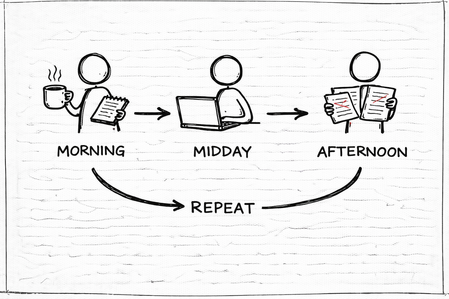 Hand-drawn stick figure workflow showing a person writing with coffee and notebook in the morning, working on a laptop midday, editing printed pages in the afternoon, and looping back to repeat the process, illustrating a sustainable creative cycle. Hand-drawn stick figure workflow showing a person writing with coffee and notebook in the morning, working on a laptop midday, editing printed pages in the afternoon, and looping back to repeat the process, illustrating a sustainable creative cycle.