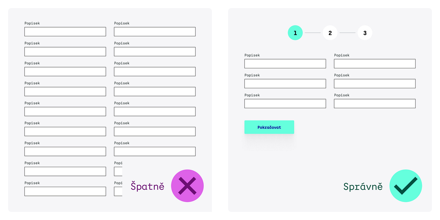 Vlevo (špatně) dlouhý formulář. Vpravo (správně) formulář rozdělený do kroků.