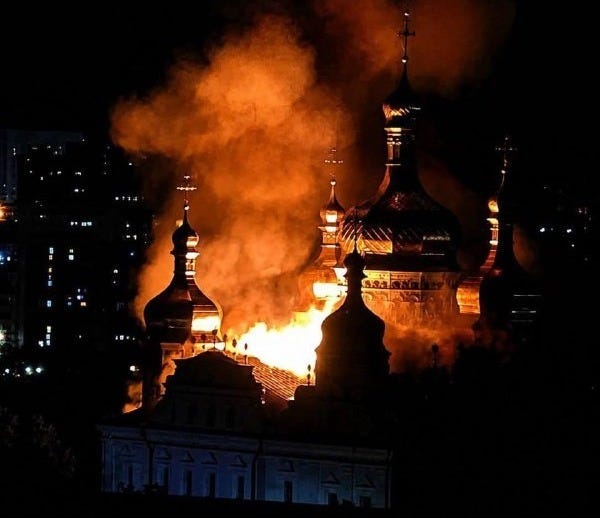 The roof of Kyiv’s Dormition Cathedral engulfed in flames following a Russian strike on the city on 15 June.