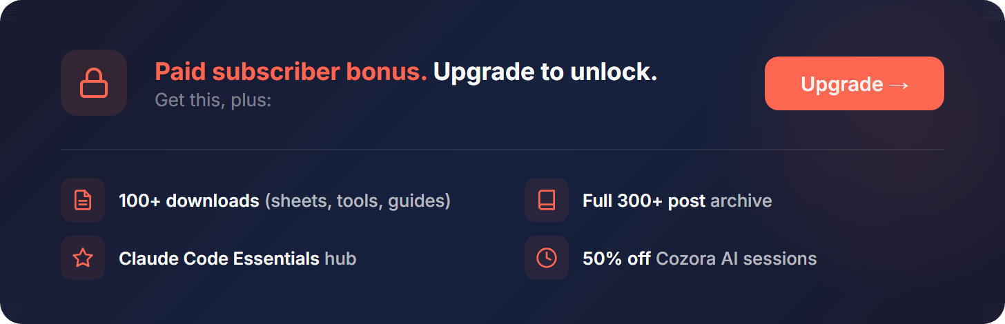 Paid subscriber bonus box reading "Upgrade to unlock," listing 100+ downloads, the Claude Code Essentials hub, the full post archive, and a Cozora AI discount. Paid subscriber bonus box reading "Upgrade to unlock," listing 100+ downloads, the Claude Code Essentials hub, the full post archive, and a Cozora AI discount.