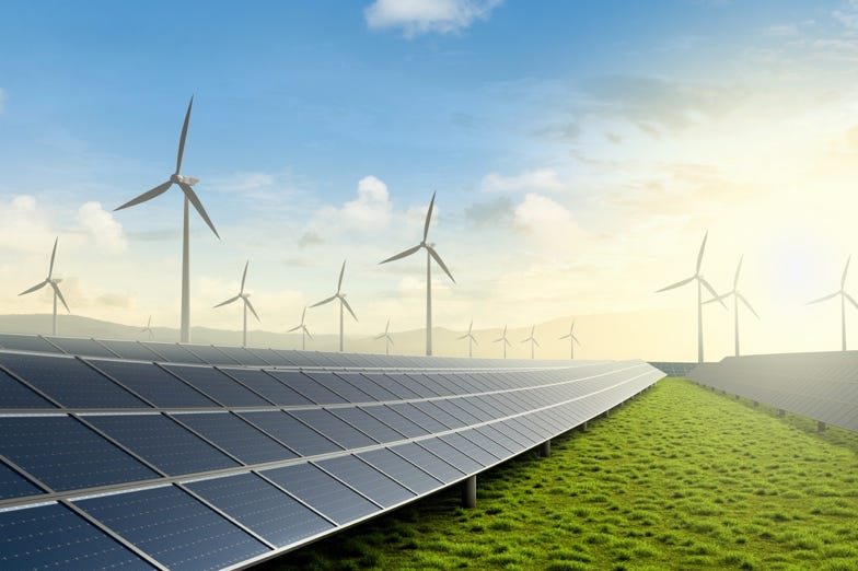 Solar panels and wind turbines in a field

AI-generated content may be incorrect.