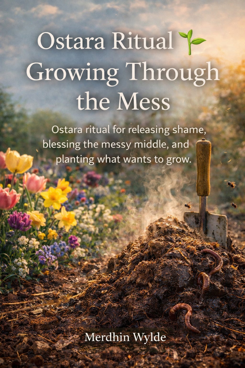 Cover image for the digital guide Ostara Ritual 🌱 Growing Through the Mess by Merdhin Wylde, showing colorful spring flowers on the left and a steaming pile of dark compost or manure on the right with a small garden trowel, blending beauty and mess in warm golden light.